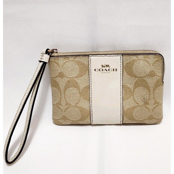 Coach Corner Zip Signature Women's Wallet Khaki Brown Tan Stripe - Picture 1 of 9